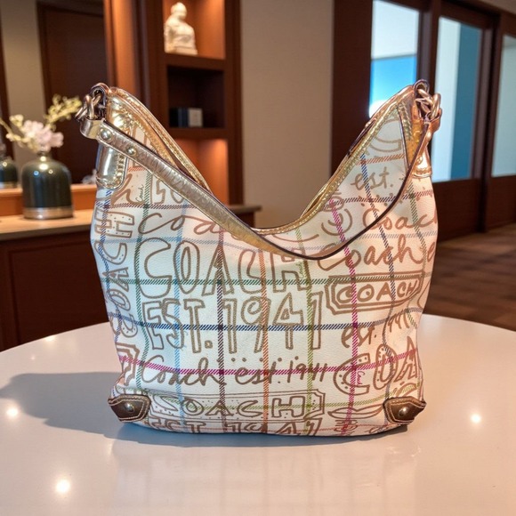Coach Handbags - Coach Est 1941 Hobo Shoulder Bag Beige Plaid Script Logo